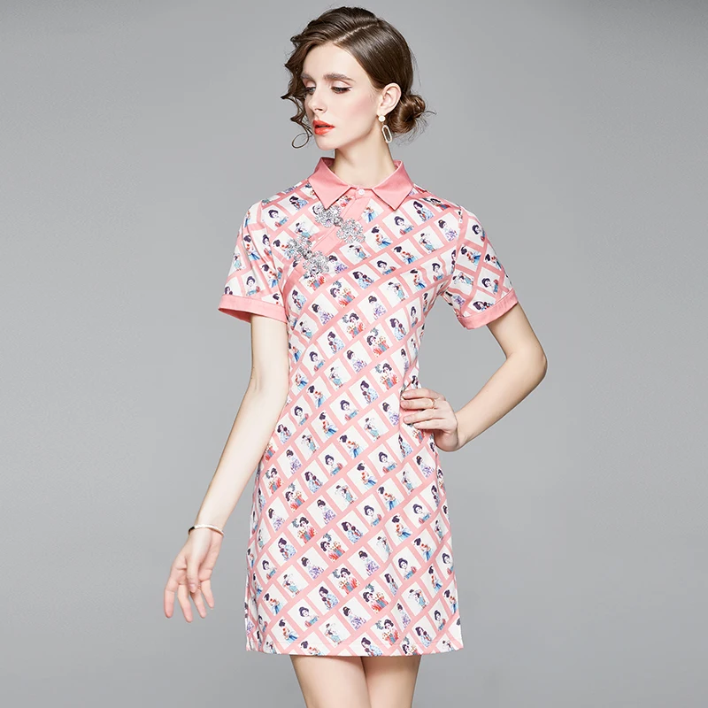 Moterų nauji retro sagtis cheongsam mažų šviežių mergina trumpomis rankovėmis atspausdintas suknelė