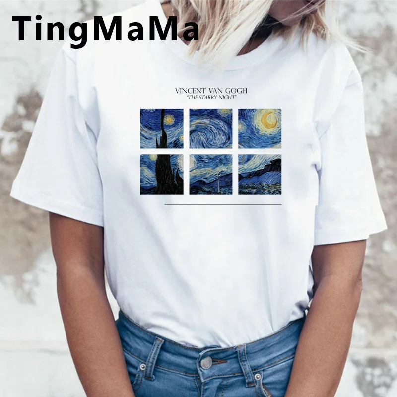 Estetinės Van Gogh Marškinėliai Moterims Kawaii Animacinių filmų Mielas Grunge T-shirt, Derliaus Žvaigždėtą Naktį Grafinis Tees Ulzzang Streetwear Moteris