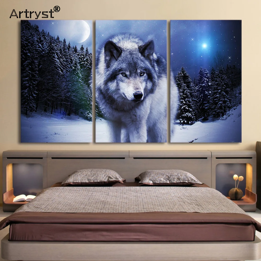 Artryst Šiuolaikinės Tapybos Sienos Menas Nuotraukų Rėmelis Kambarį Dekoro 3 Vnt Snow Wolf Moon Tapybos HD Spausdinti Miško Gyvūnų Plakatas