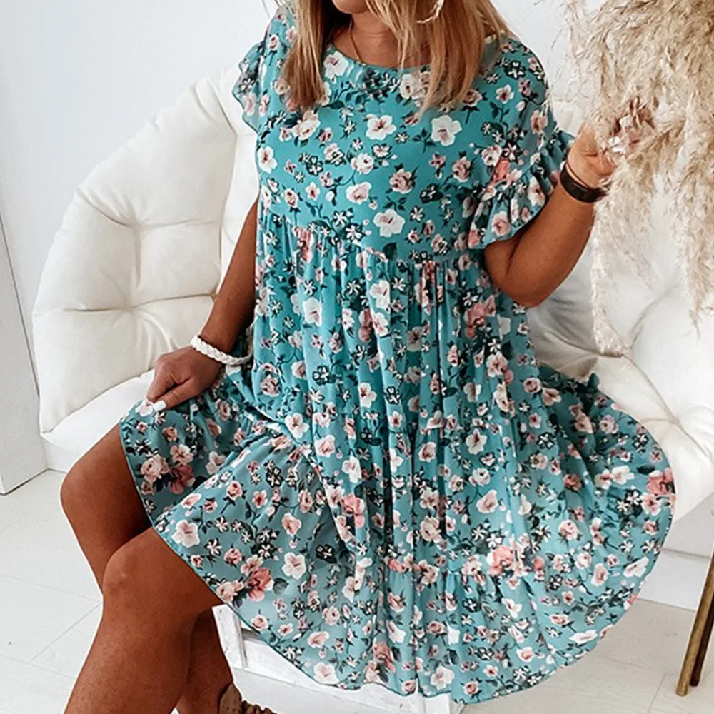 2020 metų Vasaros Gėlių Spausdinti Elegantiška suknelė Moterų Lapų Rankovėmis Mėlyna Suknelė Apvalios Kaklo Vyrams Gėlių Trumpą Suknelę Priemiestinių Drabužiai