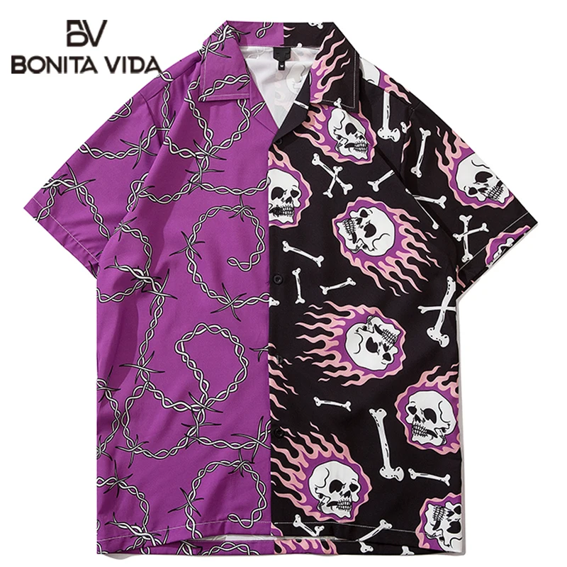 Bonita Vida Kaukolė Grandinės Kaulų Spausdinti Kratinys Havajų Marškinėliai, Unisex Streetwear Hip-Hop Atsitiktinis Trumpas Rankovės Harajuku Viršūnės