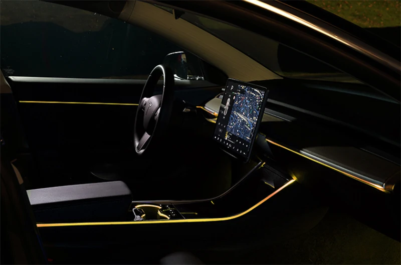 Už Tesla Model3 modelis 3. 2019 m. 2020 inter automobilių, Aplinkos Šviesos 64 spalvomis Papuošti inter lempos touch control Center ramstis ragų dangtis