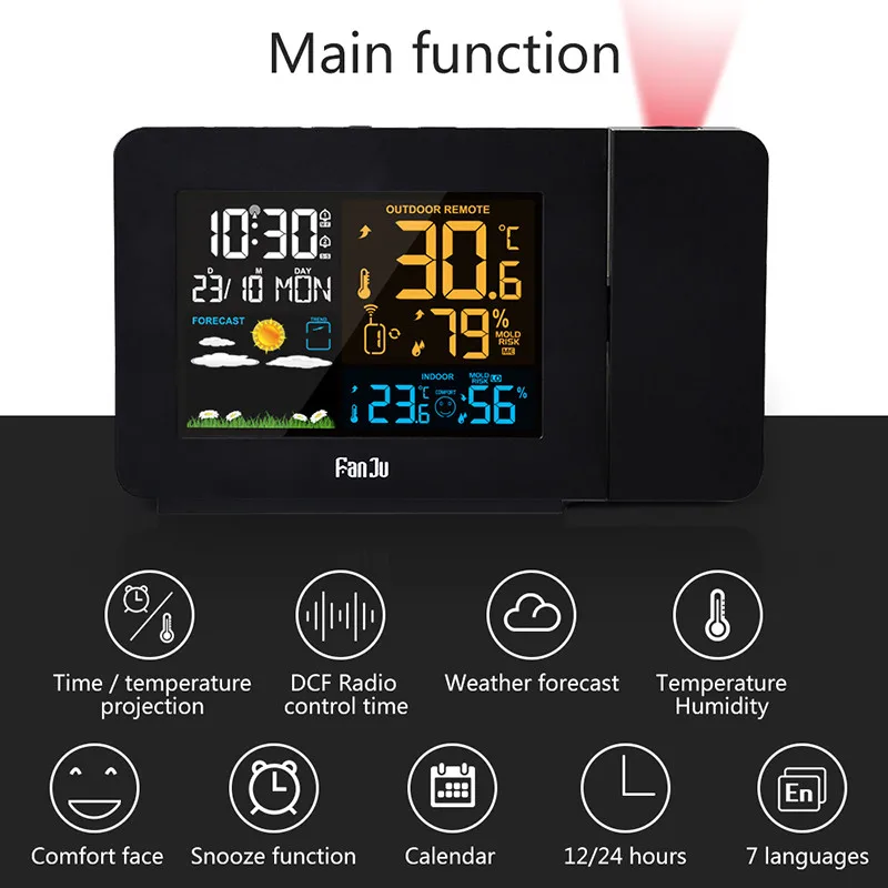 LCD Skaitmeninis Spalvotas Ekranas Oras Stotis Pabusti FM Radijas Laiko Projektorius Projekcija Laikrodžiai Orų Prognozės žadintuvai
