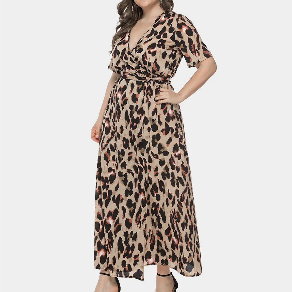 Womail suknelė moteris Vasarą Plius Dydis Leopardas Spausdinti V-Kaklo trumpomis Rankovėmis Suknelė Plonas šalies Atsitiktinis mados Kasdien NAUJA 2019 A26