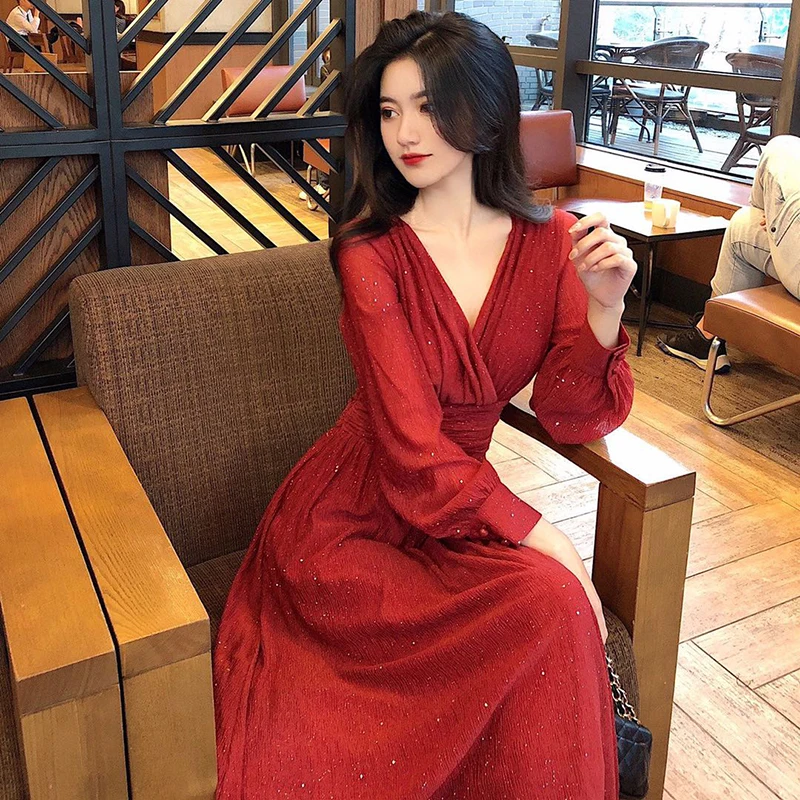 Moteris Ilga Suknelė Žibintų Rankovės-line Maxi Vestidos Rudenį Naujų Elegantiška Vintage Giliai V Kaklo Žiemos Suknelės Rožinė raudona juoda