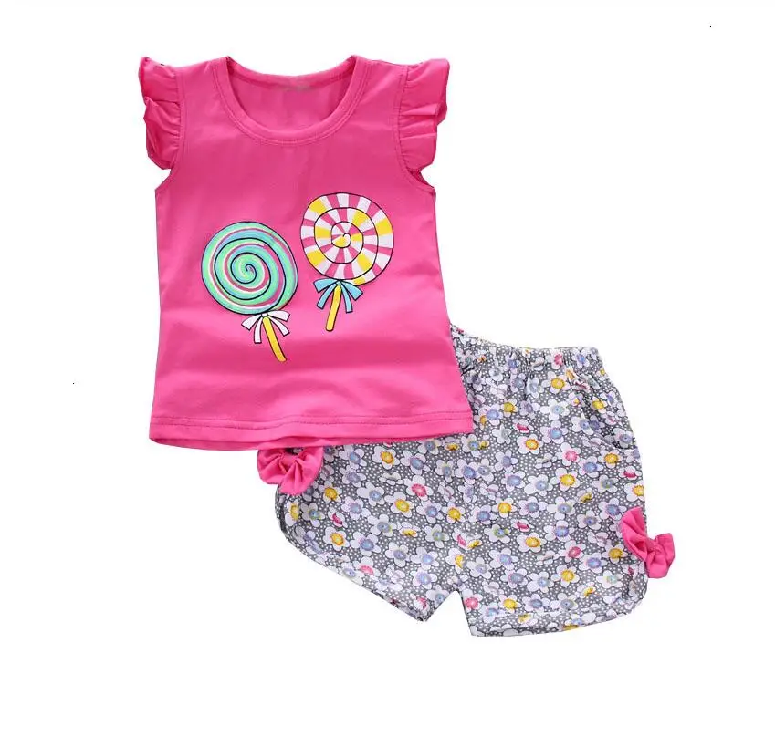 Kūdikių Mergaičių Drabužių Rinkiniai 2020 naujas vasaros Naujagimių Mergina Drabužius Gėlių Raudona marškinėliai + Mėlyna Gėlių Šortai Vaikams drabužių Komplektus