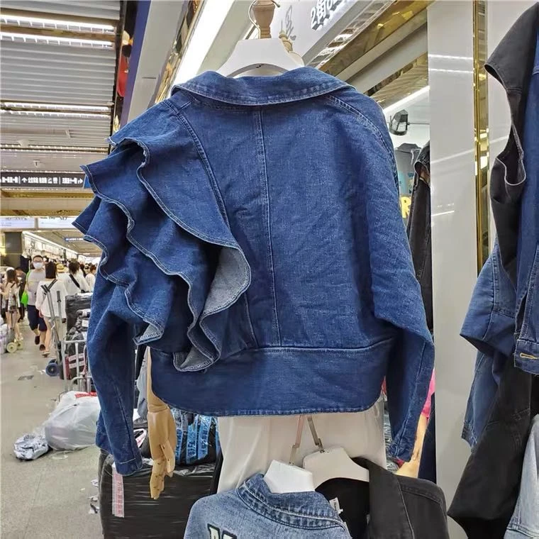 2020 m. rudenį korėjos v kaklo ruffles mėlyna džinsinio audinio trumpo džinsinio audinio švarkai moterų, moterų ilgas rankovėmis, paltai moterims