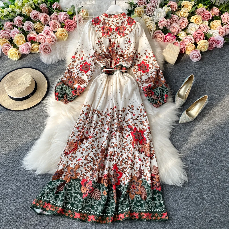 Naujas Moterų Suknelė Bohe Liaudies V-Kaklo, Ilgai Žibintų Rankovės Ilga Suknelė Euro Ponios Atsitiktinis Gėlių Spausdinti Elegantiškas Vidurio blauzdos Suknelės