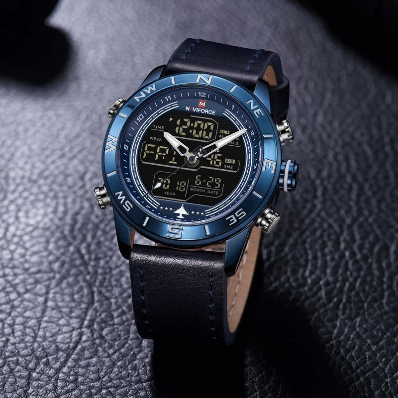 NAVIFORCE 9144 Mados Blue Men Sporto Laikrodžiai Mens LED Analoginis Skaitmeninis Žiūrėti Kariuomenės Karinių Odos Kvarco Žiūrėti Relogio Masculin
