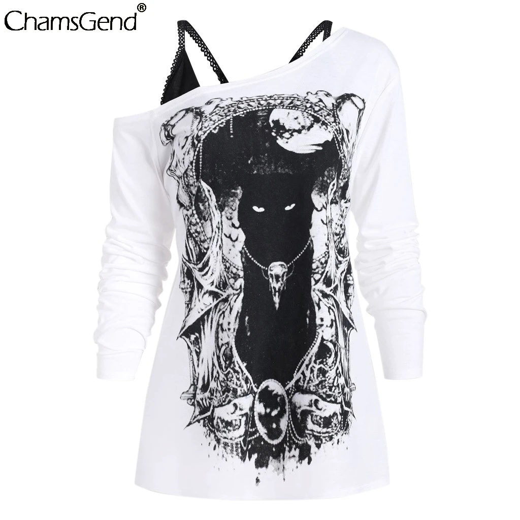 CHAMSGEND Retro spausdinti gotikos marškinėliai moterims ilgomis Rankovėmis kratinys marškinėliai femme Camisetas ponios Atsitiktinis Viršūnes tees Blusas mujer #4z