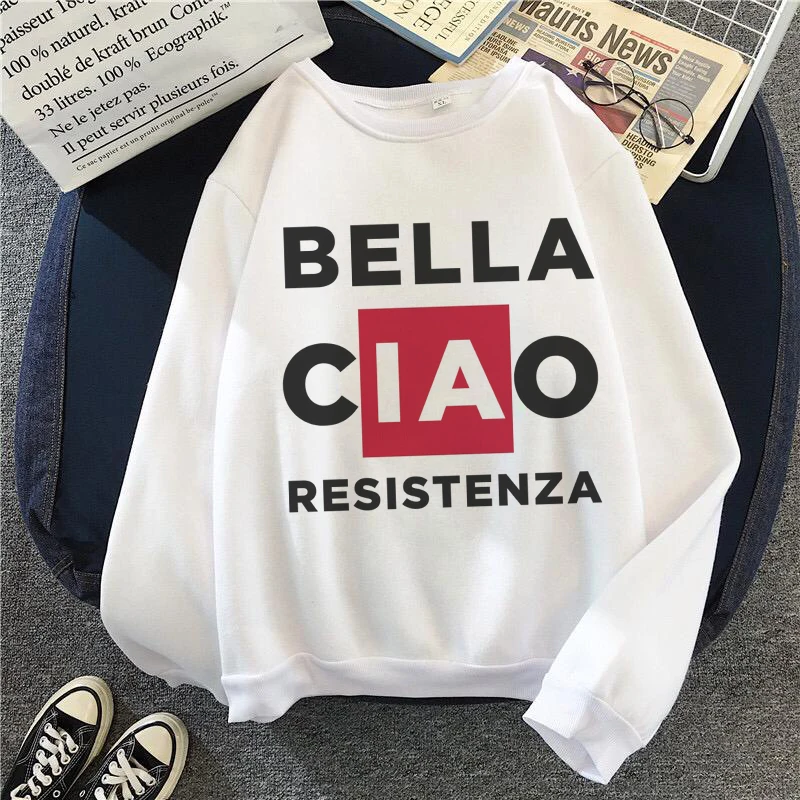 Bella Ciao Resistenza Grafinis Spausdinti Hoodie La Casa De Papel Atsitiktinis Hoodies Moterų 2020 Naujas Mados Laišką Baltos Viršūnės Palaidinukė