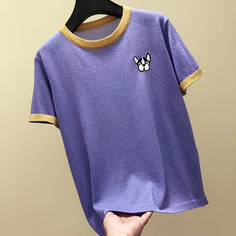 Siuvinėjimo šuo kratinys megzti marškinėliai moterims plonas vasaros viršūnes 2019 nauja siunta o-kaklo trumpomis rankovėmis 3colors