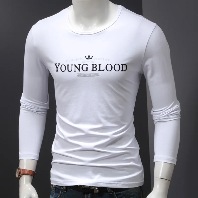 Vyrai White T-Shirt Rudenį Ilgomis Rankovėmis Laiškas Spausdinti Marškinėlius Ruožas Medvilnės O-Neck Slim Fit Drabužiai