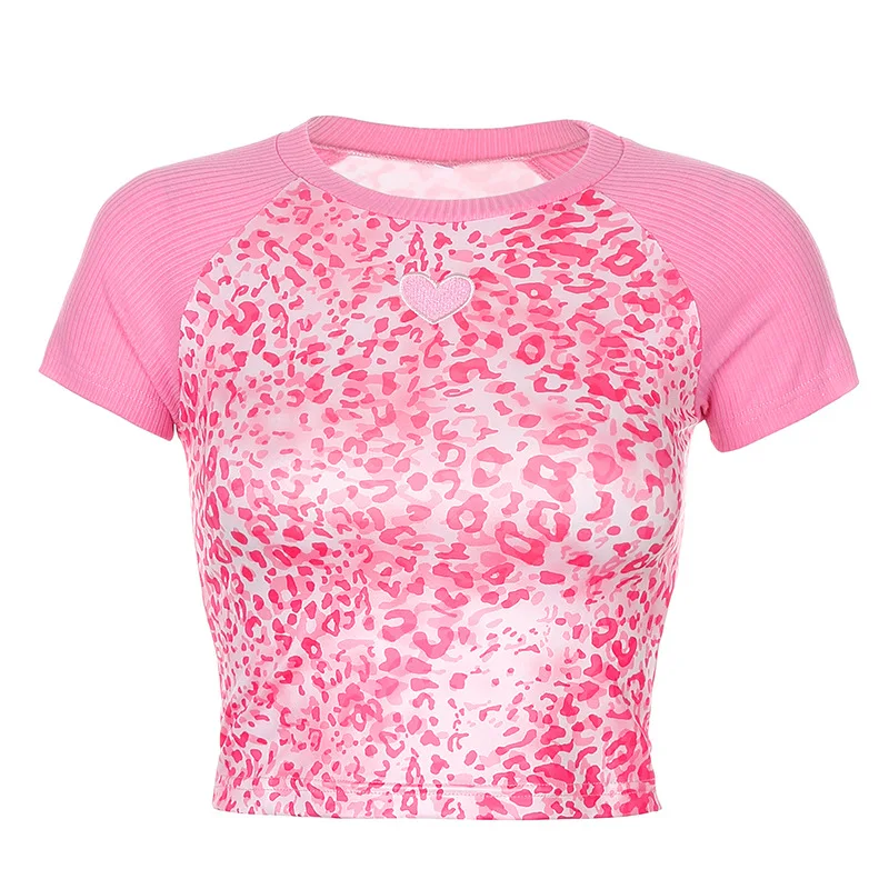 ArtSu Leopard Pink Marškinėliai Mielas Apkarpyti Viršūnes Širdies Saldus O-kaklo trumpomis Rankovėmis Pagrindinio Top Ladies T-shirt Femme Streetwear TS52193