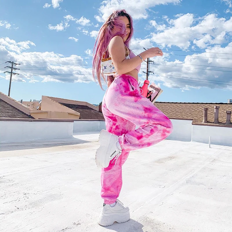 SUCHCUTE Kaklaraištis Dažų kelnės moterims rožinė Baggy Hip-Hop kelnės medvilnė sweaterpants gotikos Streetwear fitneso Moterų šokių Poilsiu