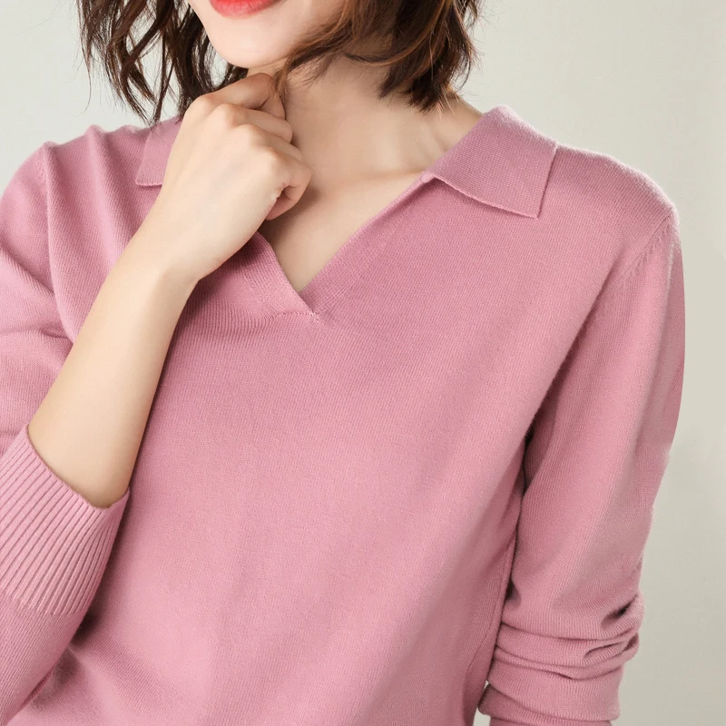 2019 m. rudens ir žiemos naujas megztinis moterų atvartas megztinis megztinis mezgimo dugno marškinėliai kieto spalvų didelio dydžio