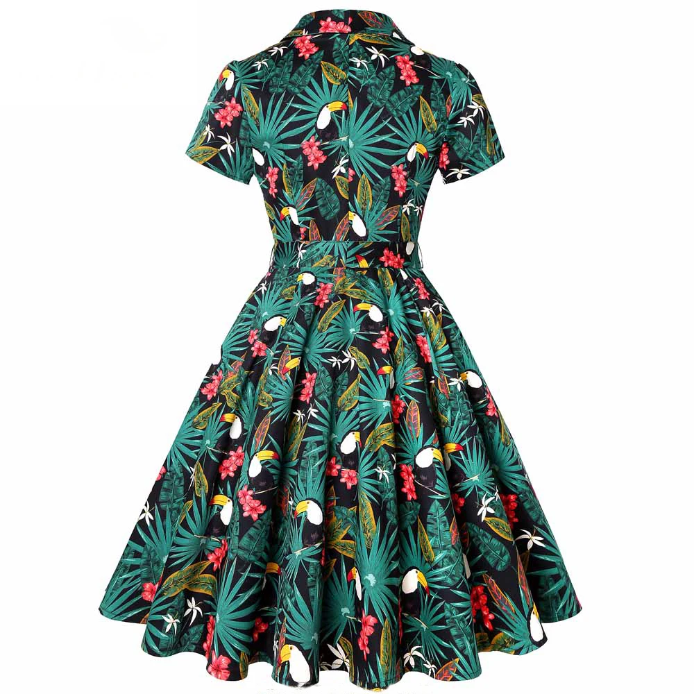 Papūga Gyvūnų Spausdinti Plius Dydis Moterų Vintage Suknelė Žalia Šviesą Pin UP Atsitiktinis Sundress Šaliai, Skraistės, Rockabilly 60s Sūpynės Suknelės