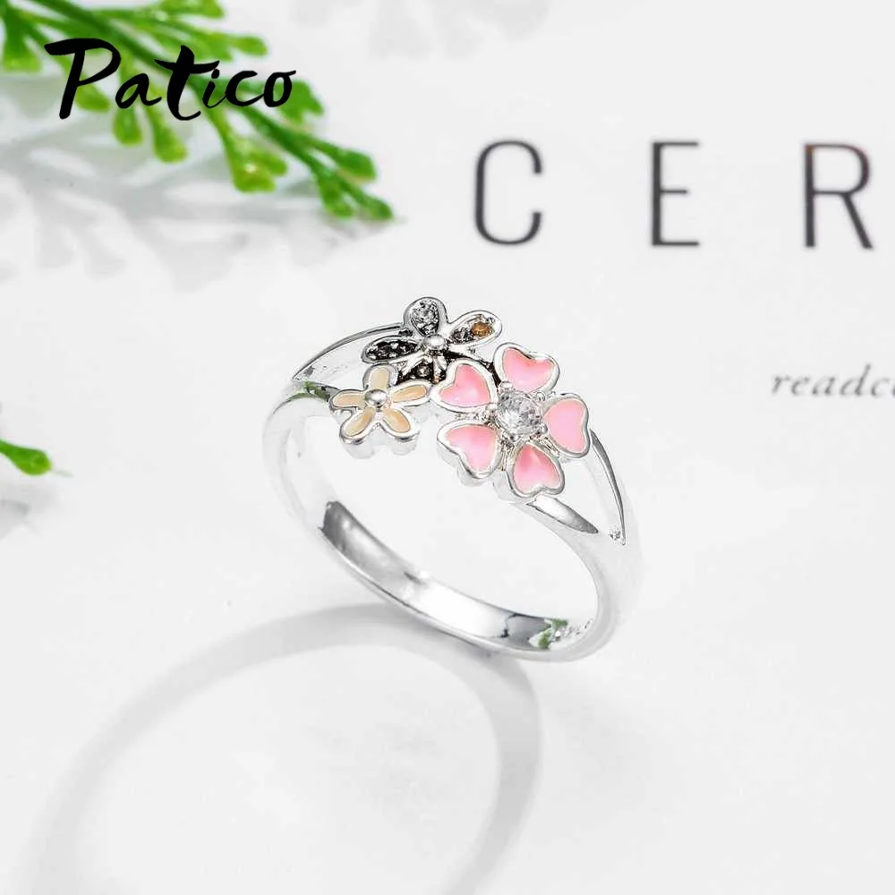 925 Sterling Silver Pink Gėlių Poetinės Daisy Cherry Blossom Piršto Žiedą, Moterims, Sužadėtuvių, Vestuvių Mados, Papuošalai
