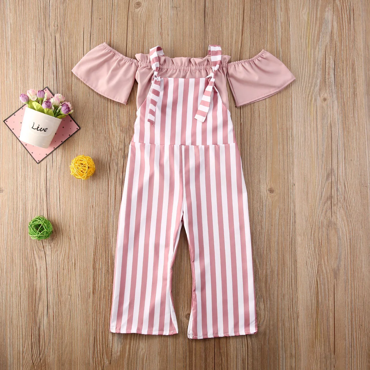 1-5Y Vaikas Kūdikių Mergaičių Drabužių Rinkinius, Rožinė Dryžuota Off Peties T Marškinėliai Topai+Kietas Kombinezonas Kelnės