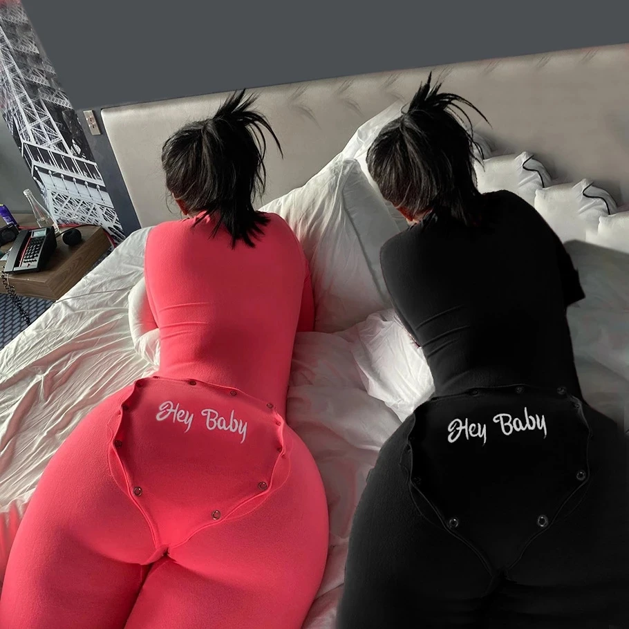 2021 m. Rudenį Vienas Gabalas Pajama Onsies Moterų Sexy Slim ilgomis Rankovėmis Ziajać Bodycon Jumpsuit Sleepwear naktiniai drabužiai Homewear Užpakalis Mygtuką