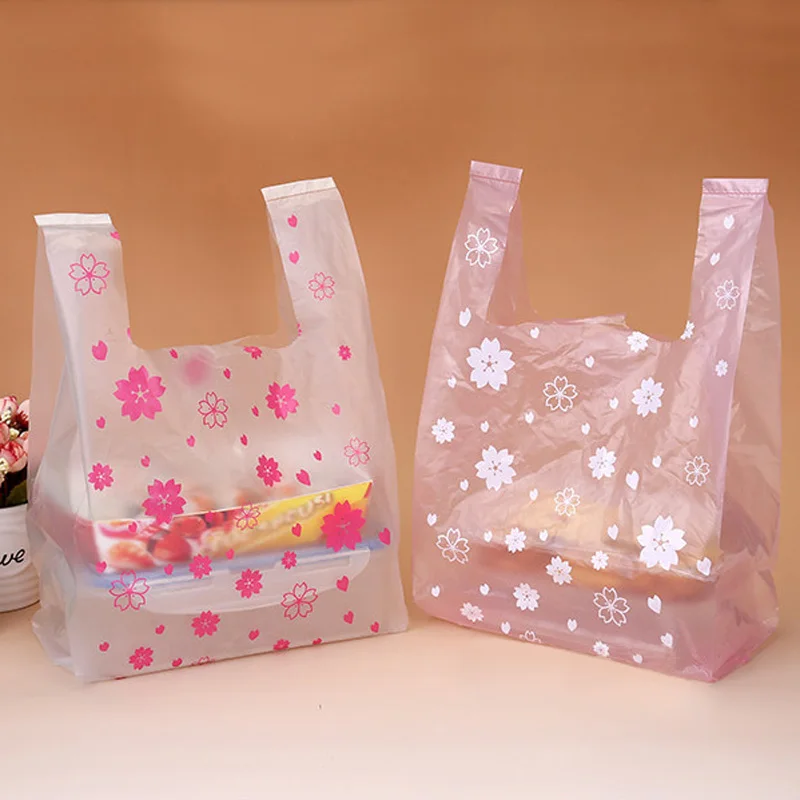 100vnt Rožinė Vyšnių Žiedų Plastiko Dovanų Maišelį Sausainių Pyragas Pakavimo Krepšys su Rankenomis Hot Pink Gėlių, Dovanų pakavimo Maišelis Šalis Tiekimo