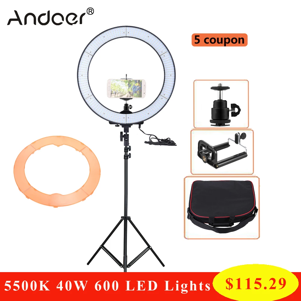 Andoer LA-650D 5500K 40W Žiedas Lempa LED Studija Žiedas Šviesos 600 LED Žibintai Fotografijos Apšvietimo w/ Studija Šviesos Stendas Telefono Turėtojas