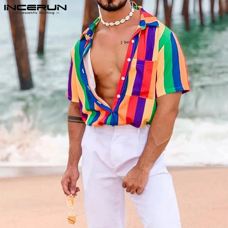 INCERUN Vasaros Mados Spalvinga Dryžuotas Marškinėliai Vyrams trumpomis Rankovėmis Atvartas 2021 Atsitiktinis Palaidų Palaidinė Streetwear Havajų Paplūdimys Marškinėliai