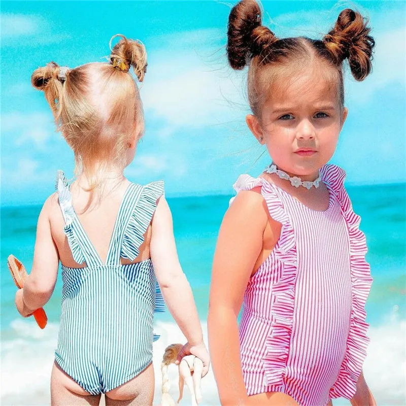 Bamblys Kūdikis, Vaikas, Kūdikis, Mergaitė Dryžuotas maudymosi Kostiumėliai maudymosi kostiumėlį vientisas Bikini Maudymosi Kostiumą, maudymosi Kostiumėliai, Ruffles Beach bodysuits Drabužiai