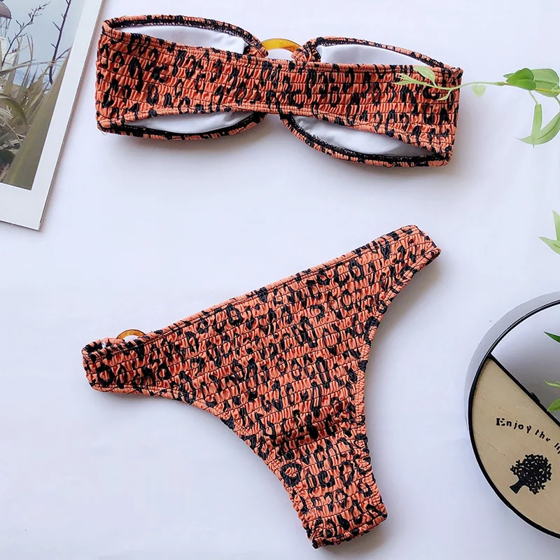 Raukšlėta Leopard Brazilijos Bikini 2020 M. Moteris Žiedai, maudymosi Kostiumėliai, Moterų maudymosi kostiumėlį Dviejų vienetų Bikini komplektas Bandeau Bather Maudymosi Kostiumas