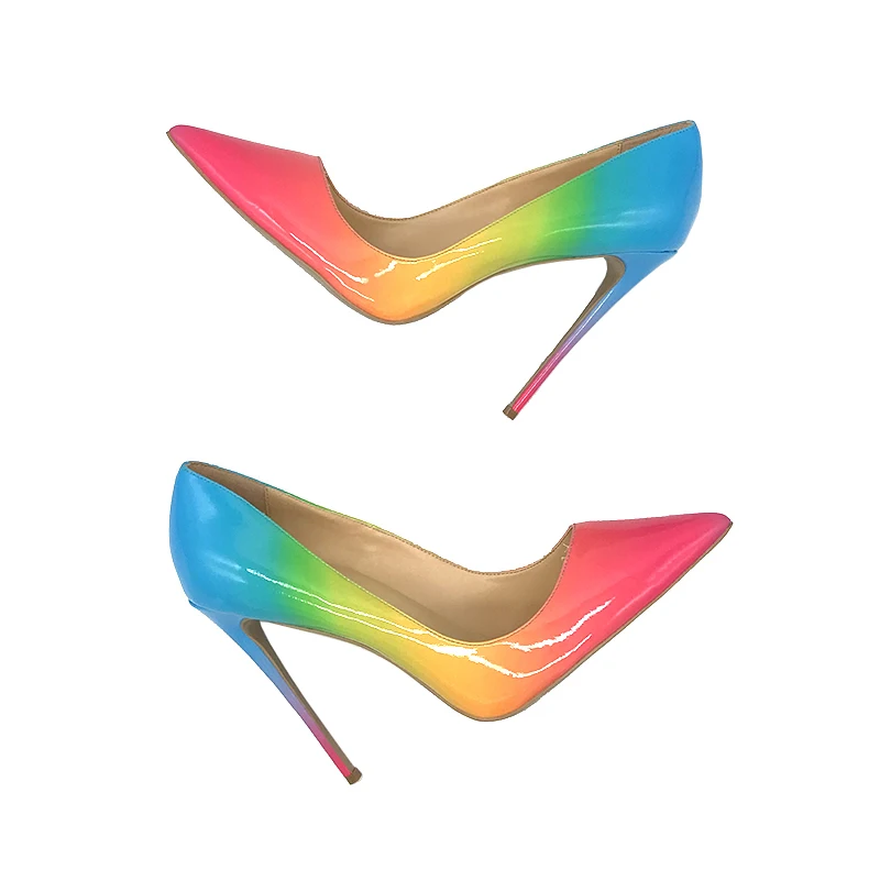 Moterų aukštakulniai smailianosiai kojų seksualus stiletto kulniukai, pink, blue rainbow mišrios spalvos 12 cm siurbliai, batai, plius dydis QP030 ROVICIYA
