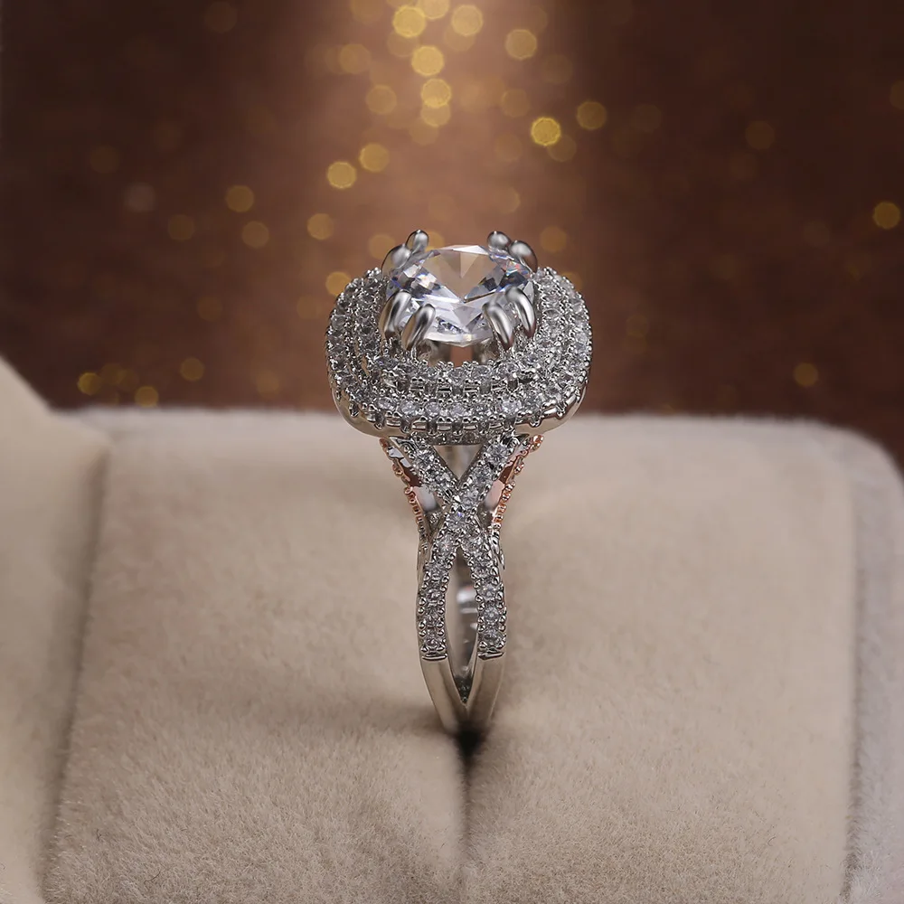 Anel de noivado de noiva feminino de luxo prata grande anel de pedra redonda anéis de banda de casamento derliaus para mulher
