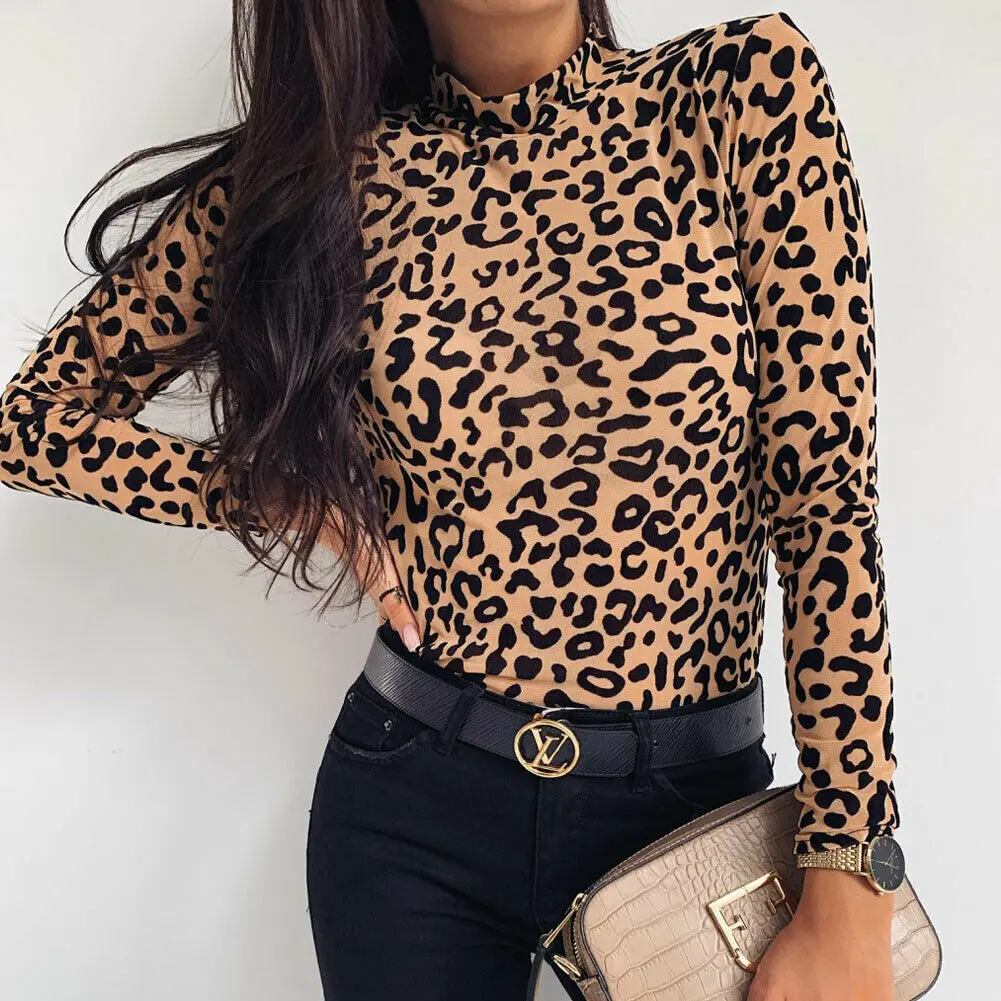 Moterų Leopardas Spausdinti Golfo Viršūnes 2019 M. Rudenį Ilgomis Rankovėmis Slim Pagrindinio Ponios Marškinėliai Šalies Mados Korėjos Viršūnes Moterų Nauja