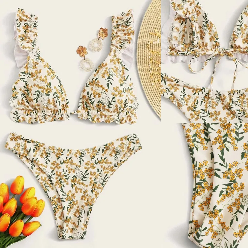 Seksualus Gėlių Spausdinti Pynimas Brazilijos maudymosi Kostiumėliai Paplūdimio maudymosi kostiumėlį, maudymosi kostiumėliai, moteriški Vasaros Aukštos Supjaustyti Bikinis Nustatyti Dviejų dalių maudymosi kostiumėlį