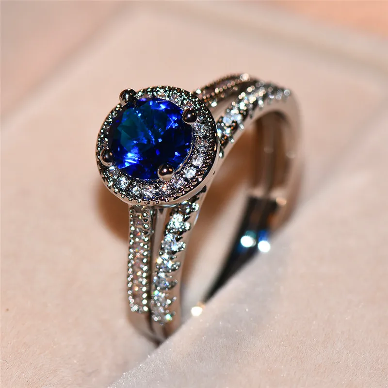 Prabanga Moterų Mėlyna Akmens Žiedas Mados Sidabro Spalvos Nuotakos Rinkiniai Mielas Cirkonis Žiedas Žada Meilę, Sužadėtuvių Žiedai Moterims