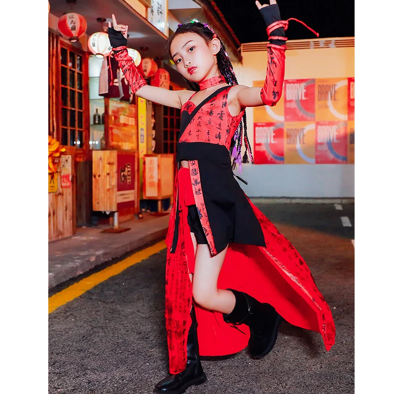 Vaikai Džiazo Šokio Kostiumai Kinų Stiliaus Merginos Podiumo Šou Banga Veiklos Drabužius Vaikas Street Dance Hip-Hop Raudonos spalvos Kostiumas DQL3919