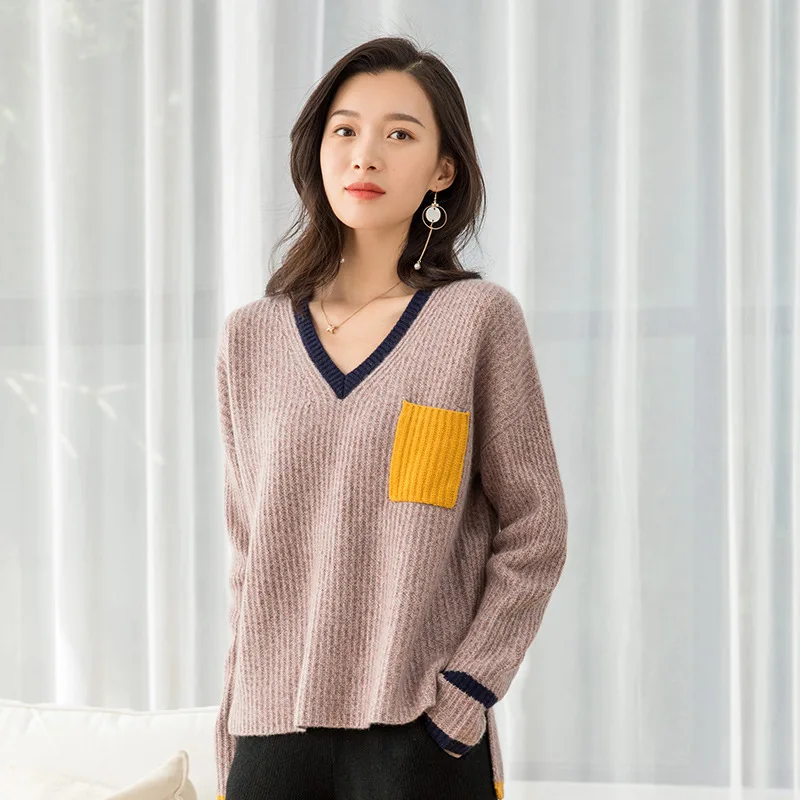 Mados kratinys kontrastas v kaklo puloveriai moteris rudens-žiemos naujų stilių prarasti atsitiktinis briaunoti megztiniai kašmyro megztinis