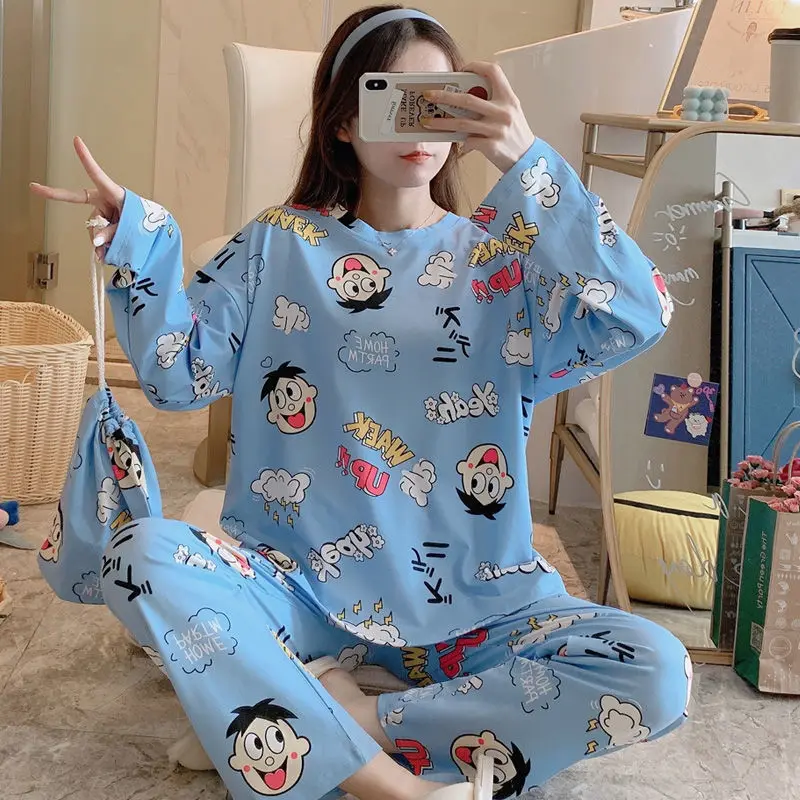 YRRFUOT 2020 m. Rudenį Naujų korėjos Versija Ins Mielas Animacinių filmų Spausdinimo Prarasti ilgomis rankovėmis Pižama Moterų Kostiumas Homewear Sleepwear Visiškai