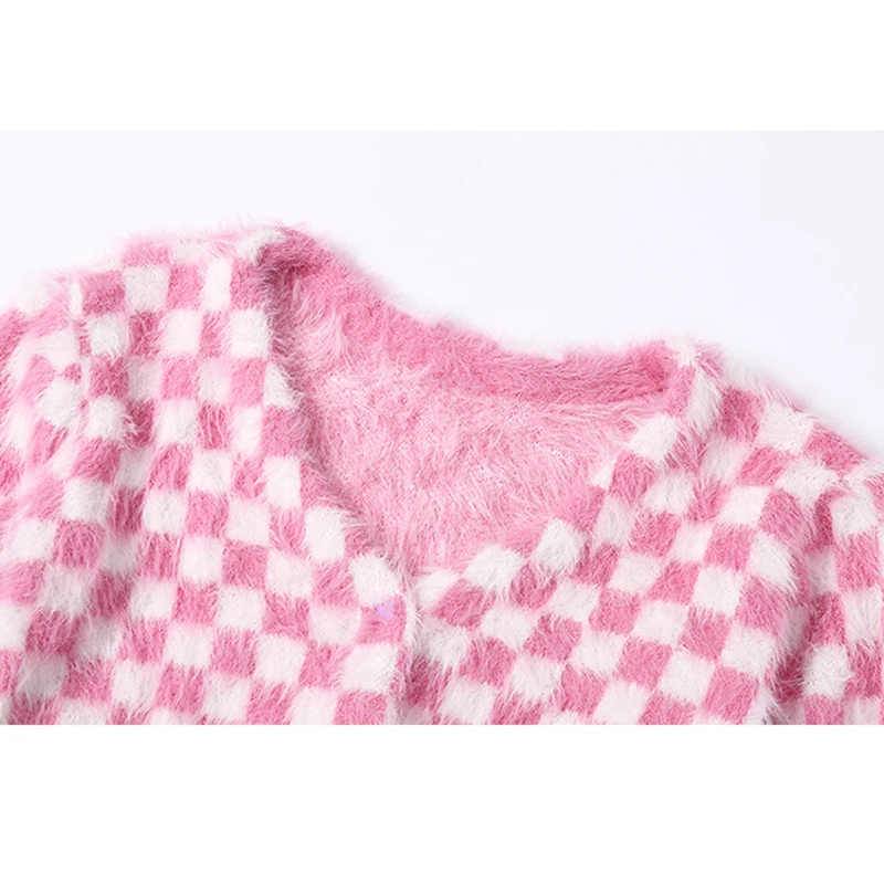 Moterų Patikrinti Cardigan Pink & Baltos Moheros ilgomis Rankovėmis Širdies Formos Mygtuką Iki Apkarpytos Megztiniai Megztiniai e-Girl Apranga /