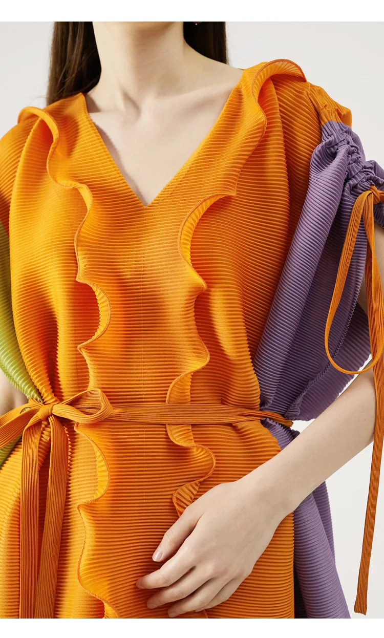 LANMREM spalvos bloką kratinys plisuotos suknelės moterims 2021 naujas raišteliu short sleeve lace-up juosmens raukiniai drabužius YJ642