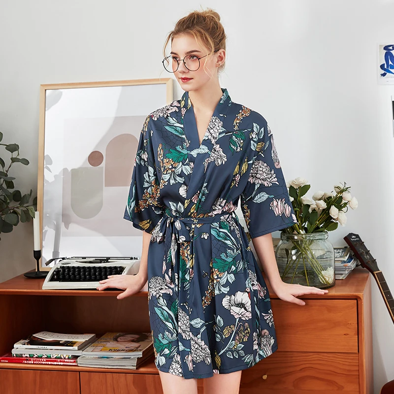Daeyard Šilko Satino Moterų Apdaras Gėlių Spausdinti Trumpas Kimono Vestuvių Nuotaka Bridesmaid Padažu Suknelė Pusė Rankovėmis Chalatas Sleepwear