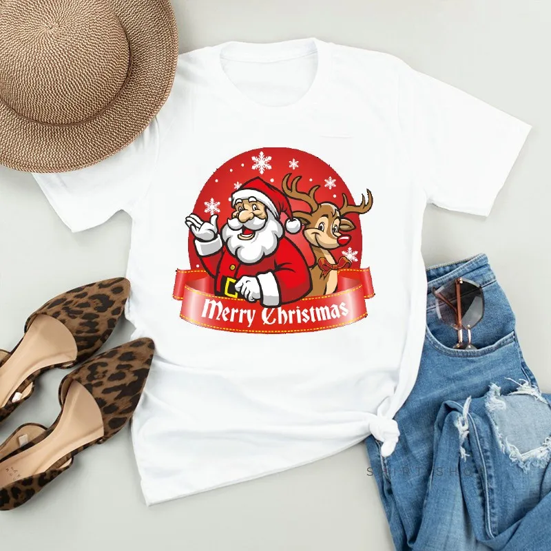 T-shirt Linksmų Kalėdų Spausdinti Moterų Drabužių Harajuku Atsitiktinis Trumpas Rankovės Baltos Moterų Marškiniai 2020 Naujas Vasaros Kalėdų Viršūnės