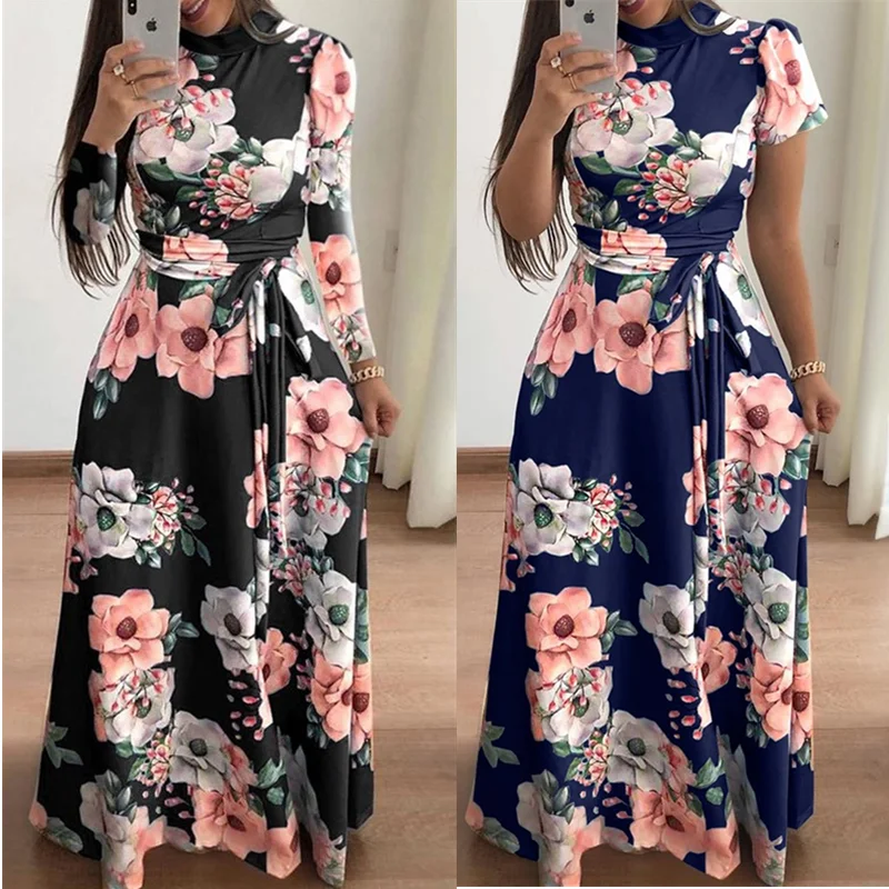 Moterys, Rudens Dress 2020 Atsitiktinis Ilgomis Rankovėmis Ilga Suknelė Maxi Suknelė Suknelės Vestidos Golfo Tvarstis Elegantiškas Boho Gėlių Spausdinti