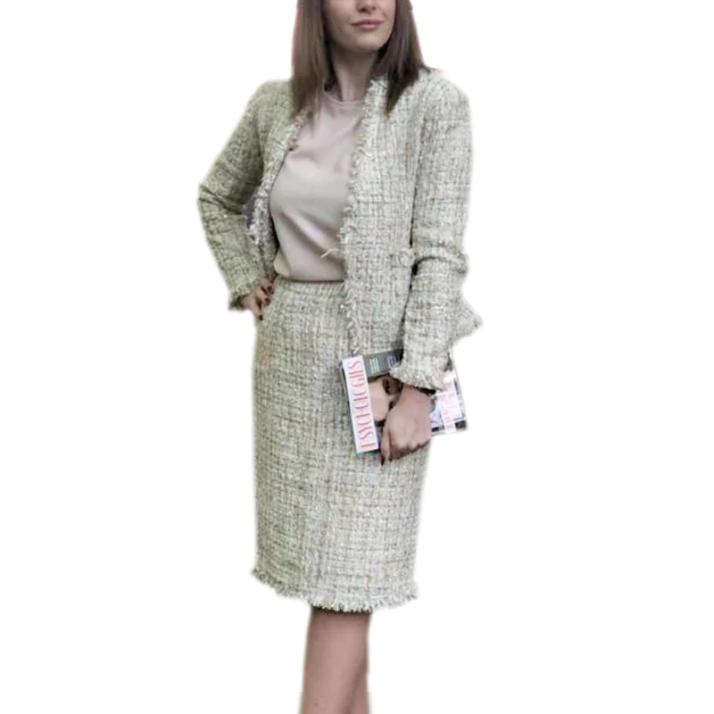 Moterų sijonas kostiumas Profesinės tvido švarkas + sijonas 2020 m. pavasario / rudens / žiemos moterų striukė ponios 2 gabalas sijonas kostiumas