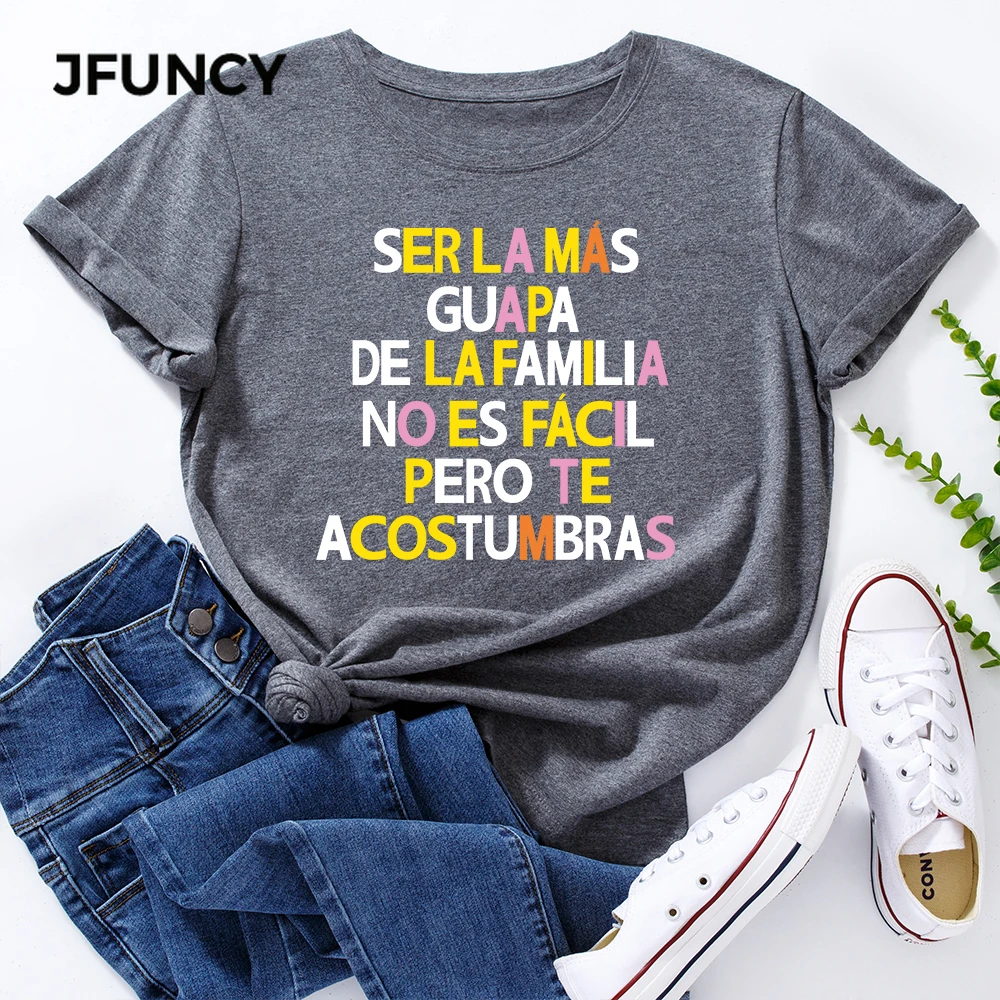 JFUNCY 2021 m. Vasarą Moterys Marškinėliai Paprasta Ispanija Laiškas Spausdinti Moterų trumpomis Rankovėmis Harajuku T-shirt Femme Viršūnes Plius Dydis 5XL Tees