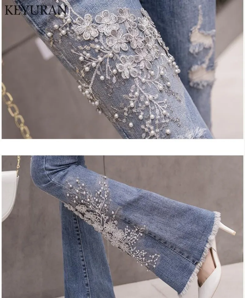 3D Siuvinėjimo Gėlių ornamento formavimas Perlai Džinsai Moterims Flare Kelnės Atsitiktinis Elastinga Aukštos Juosmens Plius Dydis Džinsinio Ilgos Kelnės Šviesiai Mėlyna