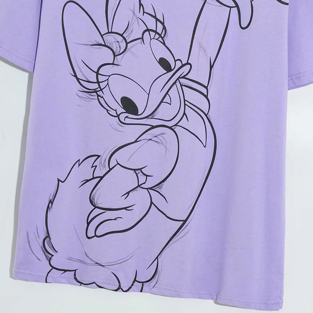 Disney Marškinėliai Harajuku Daisy Duck Animacinių Filmų Eskizai Spausdinti Trumpas Rankovės Derliaus Moterų Marškinėliai Medvilnės Korėjos Moterų Tee Viršūnes Violetinė