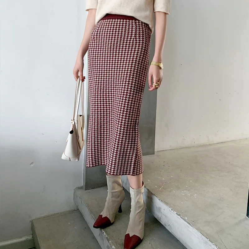 Vidutinio ilgio moterų megztas sijonas houndstooth elegantiškas temperamentas paketo klubo ilgas sijonas 2020 m. pavasarį ir rudenį naujos