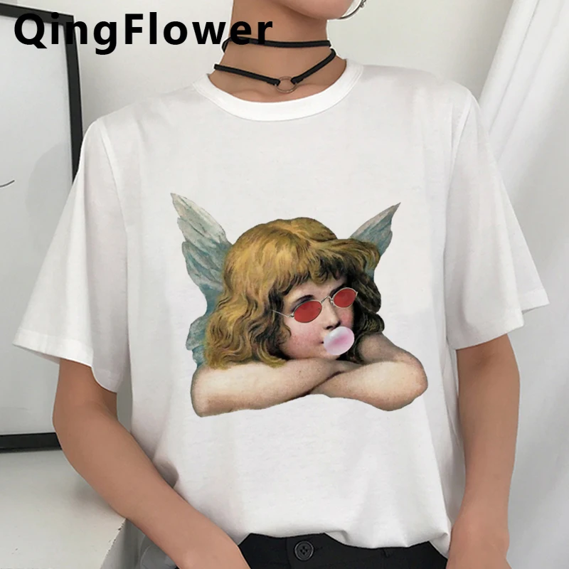 Derliaus Harajuku Angelai Grafinis T-shirt Moterims, Ullzang Estetinės Grunge Anime Marškinėliai Mados Vasaros Marškinėlius 90s Viršuje Tees Moteris