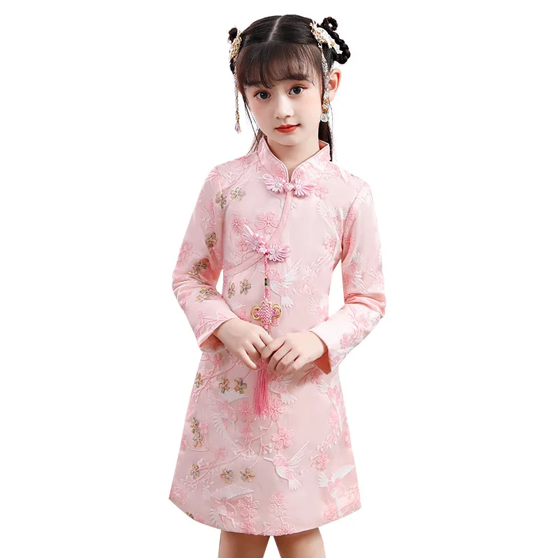 Kinijos Mergaičių Siuvinėjimo Cheongsam Suknelė Elegantiškas Gėlių Mergaitės Suknelė Vaikai Vakare Šalis Suknelė Sijonas Derliaus Naujųjų Metų Cosplay Suknelė