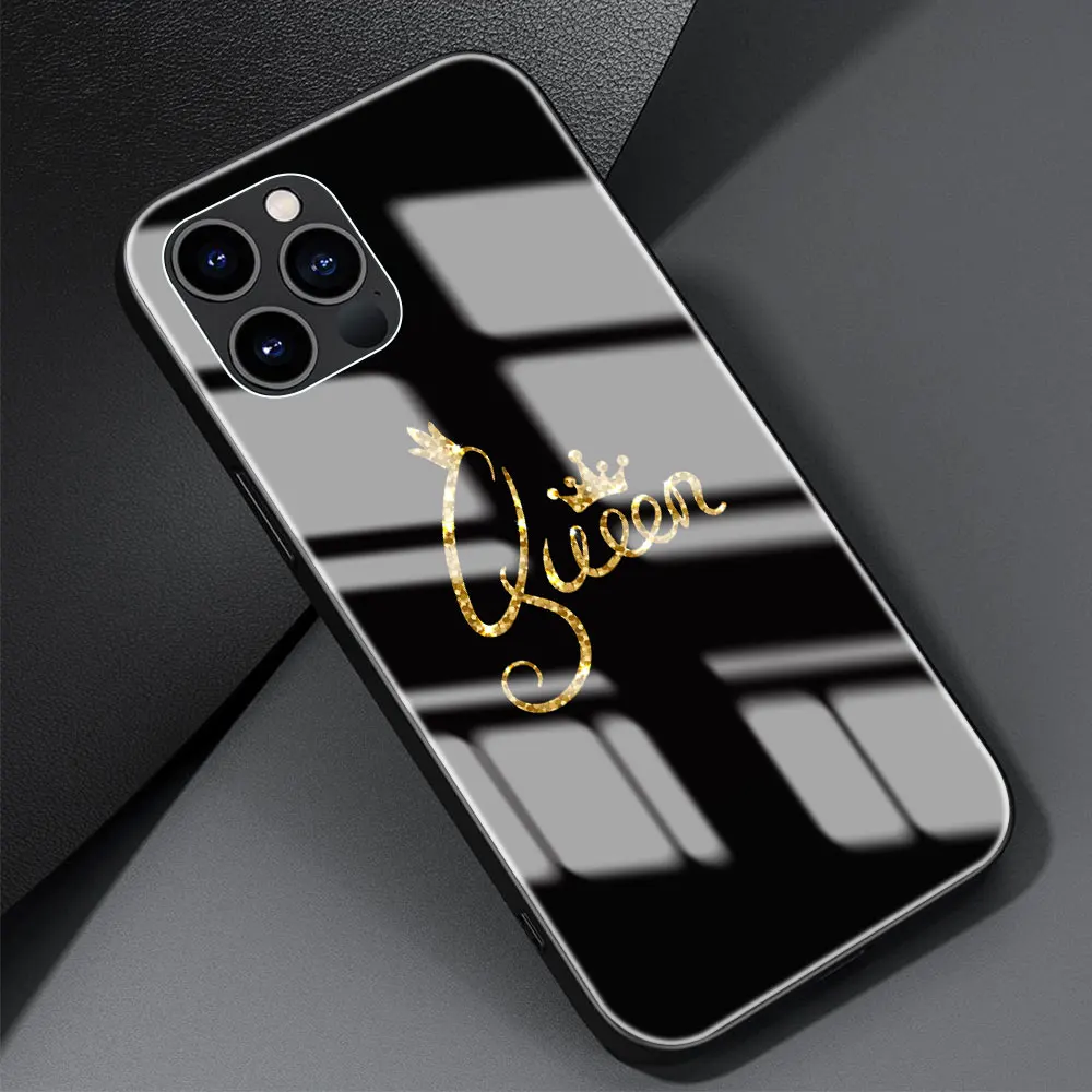 Grūdintas Stiklas Telefono dėklas Skirtas iPhone 12 Mini Pro 11 X XS Max XR SE 2020 7 8 6 6S Plius Aukso Karalius ir Karalienė Hard Cover Coque Funda